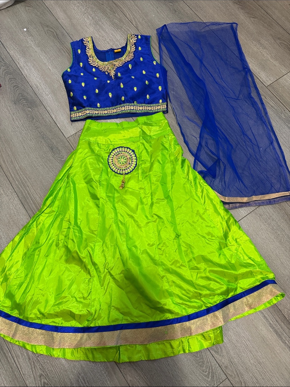 Elegant Lime Green A-Line Lehenga Skirt with Royal Blue Accents